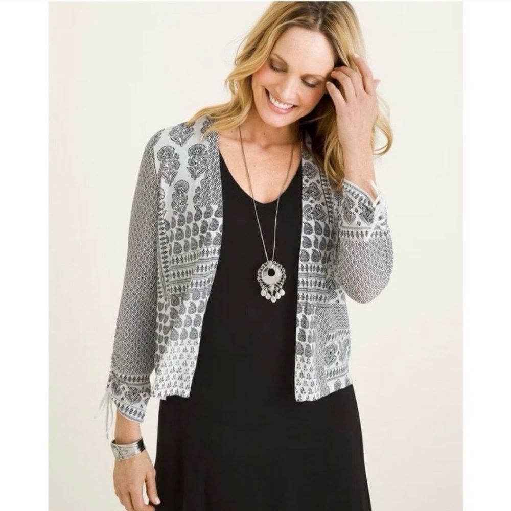 🌻 Chico's Ruched Sleeve Cardigan/Kimono Black White Paisley Print Large